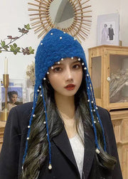 Unique Blue Pearl Tassel Cotton Knit Bonnie Hat