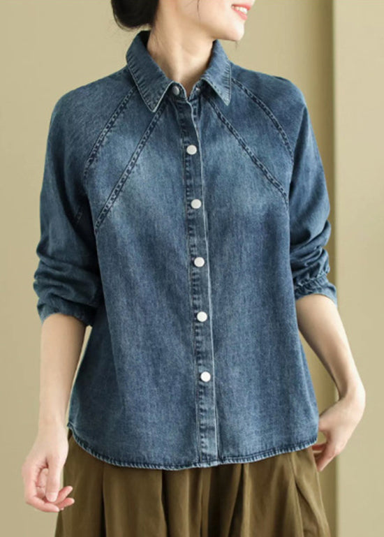 Unique Blue Peter Pan Collar Button Denim Shirts Spring