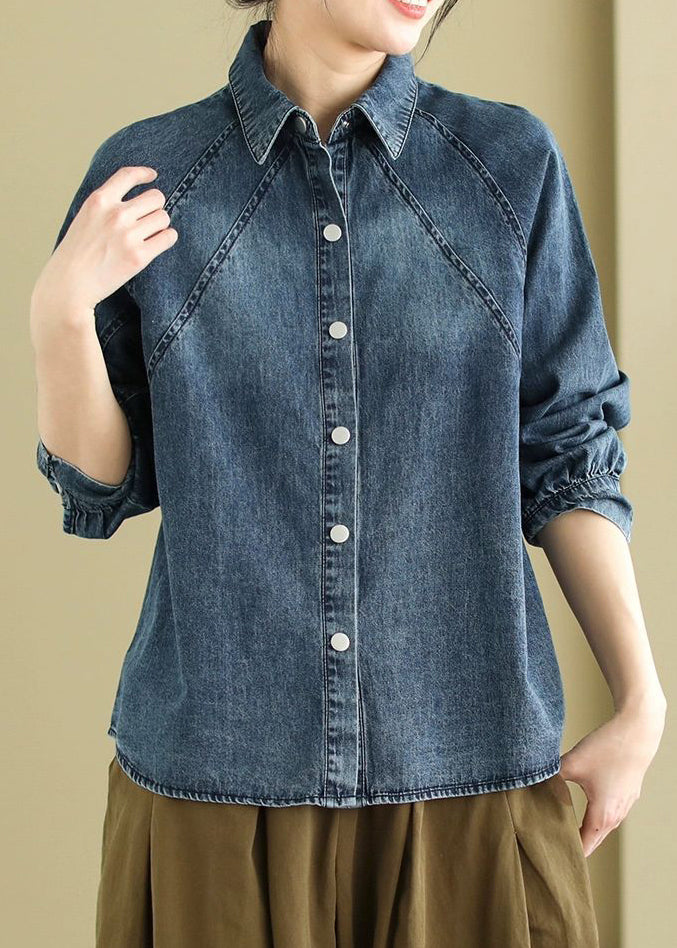 Unique Blue Peter Pan Collar Button Denim Shirts Spring