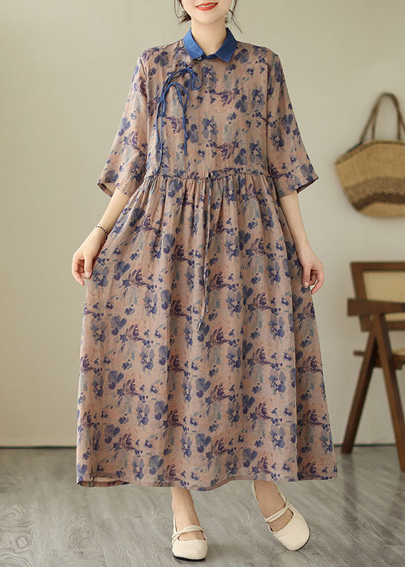 Unique Blue Peter Pan Collar Print Drawstring Button Linen Long Dresses Short Sleeve