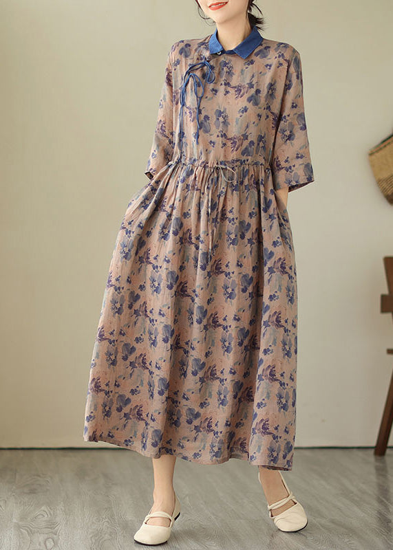 Unique Blue Peter Pan Collar Print Drawstring Button Linen Long Dresses Short Sleeve