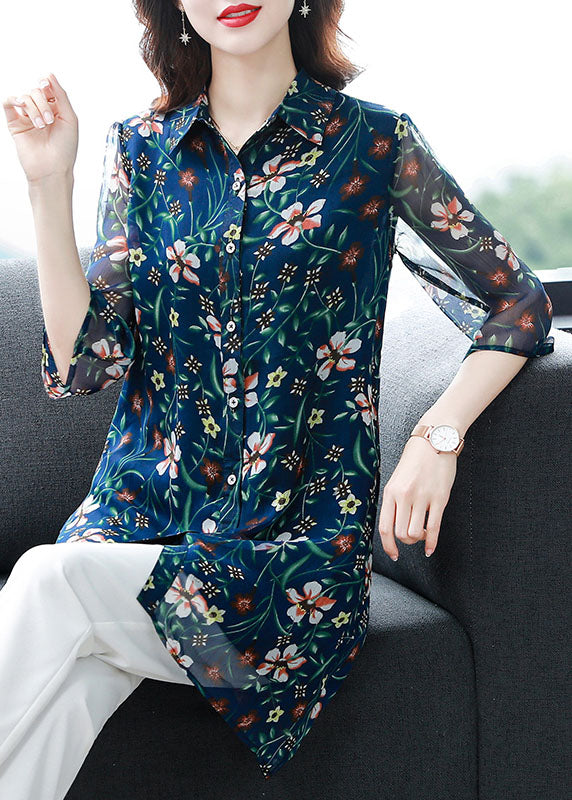 Unique Blue Peter Pan Collar Print Patchwork Chiffon Blouses Summer