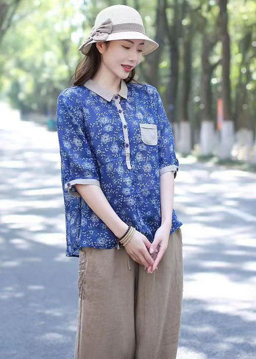 Unique Blue Peter Pan Collar Print Patchwork Linen Tops Half Sleeve