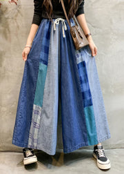 Unique Blue Pockets Elastic Waist Patchwork Wide Leg Pants Fall