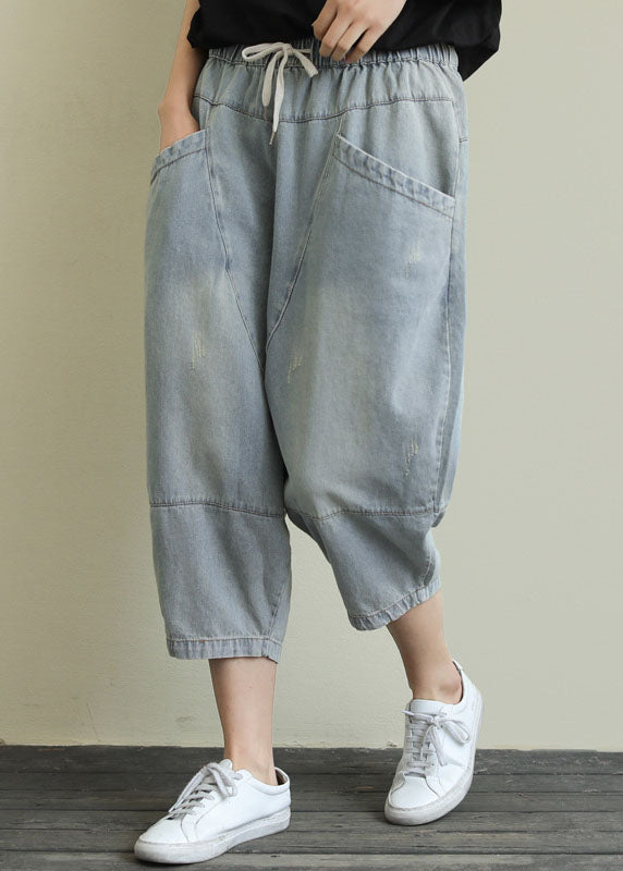 Unique Blue Pockets Patchwork Drawstring Denim Crop Pants Summer