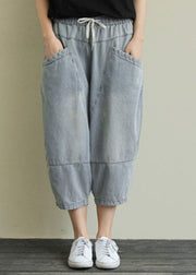 Unique Blue Pockets Patchwork Drawstring Denim Crop Pants Summer