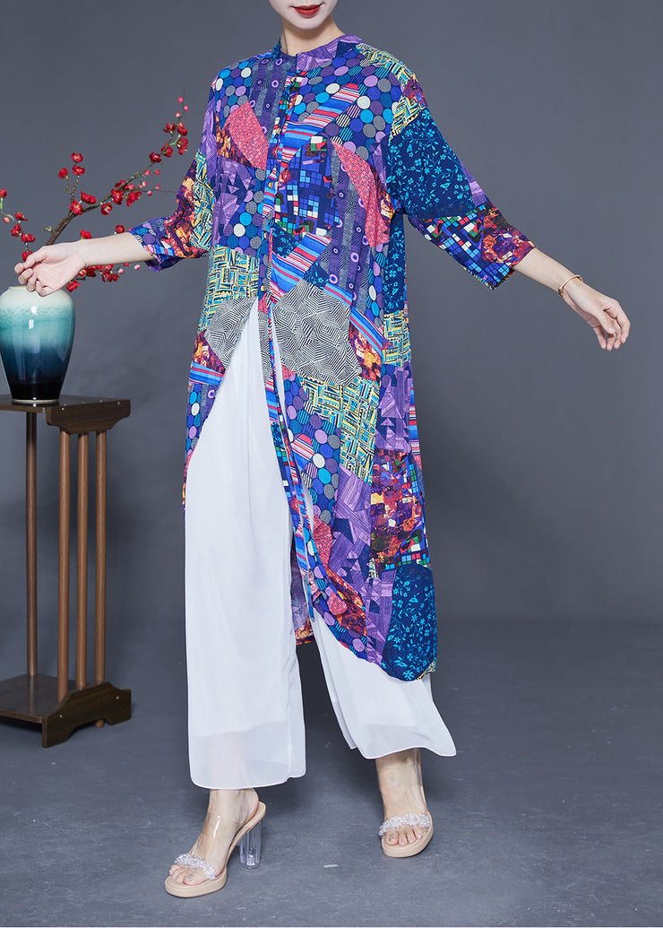 Unique Blue Print Asymmetrical Design Chiffon Long Shirt Summer