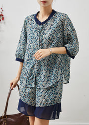 Unique Blue Print Patchwork Linen Women Sets 2 Pieces Summer