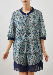 Unique Blue Print Patchwork Linen Women Sets 2 Pieces Summer