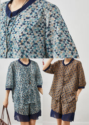 Unique Blue Print Patchwork Linen Women Sets 2 Pieces Summer