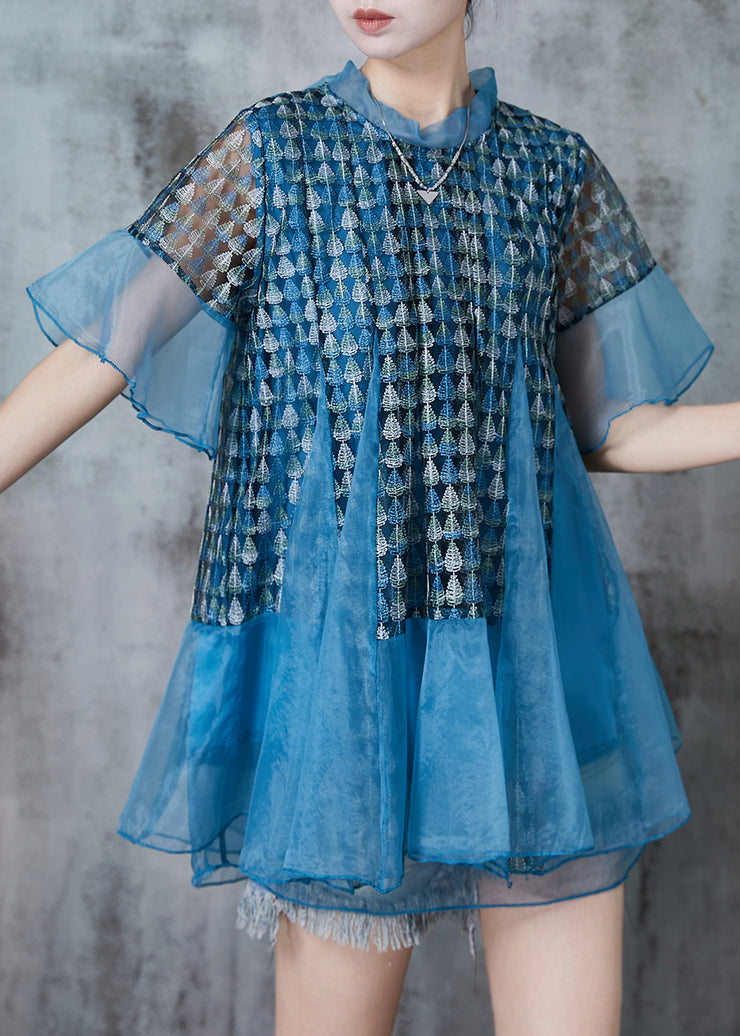 Unique Blue Print Patchwork Organza Shirt Top Summer