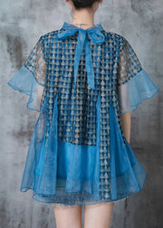 Unique Blue Print Patchwork Organza Shirt Top Summer