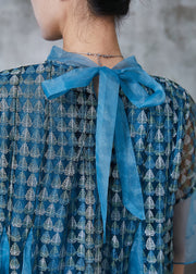 Unique Blue Print Patchwork Organza Shirt Top Summer