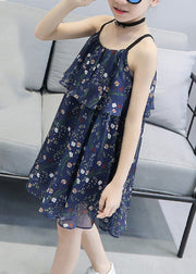 Unique Blue Print Wrinkled Girls Chiffon Slip Mid Sundress Sleeveless