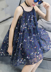 Unique Blue Print Wrinkled Girls Chiffon Slip Mid Sundress Sleeveless