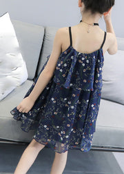 Unique Blue Print Wrinkled Girls Chiffon Slip Mid Sundress Sleeveless