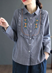 Unique Blue Ruffled Patchwork Embroideried Cotton Shirt Top Spring