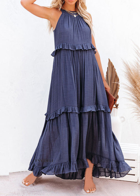 Unique Blue Ruffled Patchwork Holida Long Dress Summer