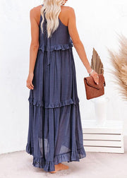 Unique Blue Ruffled Patchwork Holida Long Dress Summer
