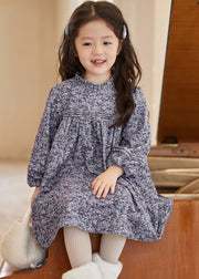 Unique Blue Ruffled Print Patchwork Kids Long Dresses Lantern Sleeve