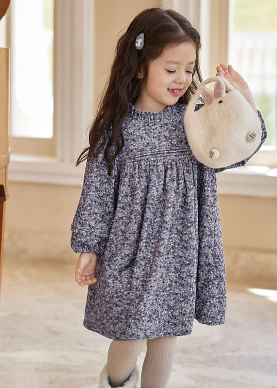 Unique Blue Ruffled Print Patchwork Kids Long Dresses Lantern Sleeve