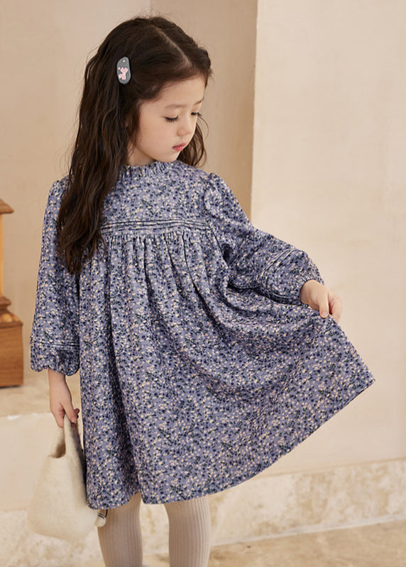 Unique Blue Ruffled Print Patchwork Kids Long Dresses Lantern Sleeve