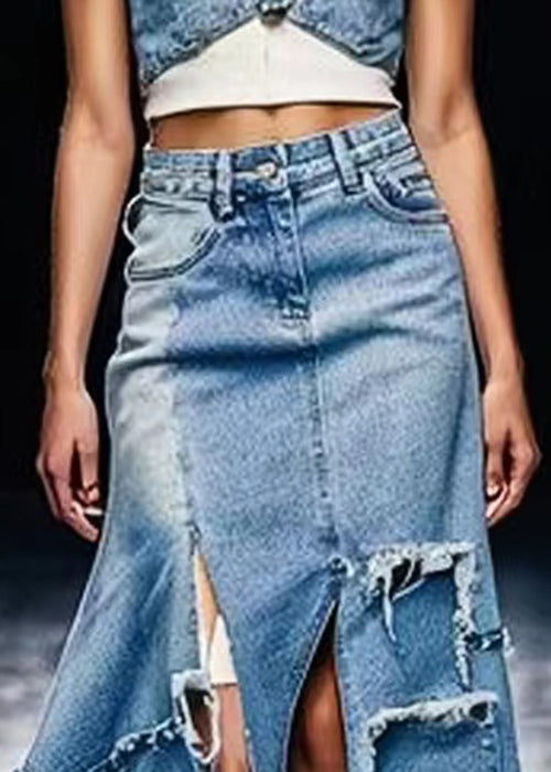 Unique Blue Side Open Low High Design Denim Skirt Summer