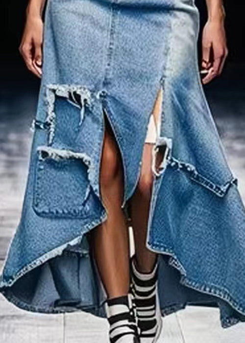 Unique Blue Side Open Low High Design Denim Skirt Summer
