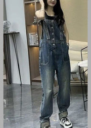 Unique Blue Slash Neck Patchwork Denim Straight Jumpsuit Summer