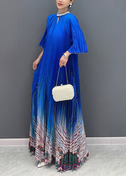 Unique Blue Stand Collar Print Wrinkled Long Dress Summer