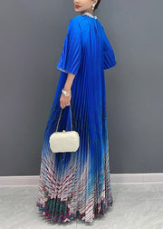 Unique Blue Stand Collar Print Wrinkled Long Dress Summer