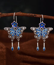 Unique Blue Sterling Silver Inlaid Enamel Butterfly Drop Earrings