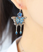 Unique Blue Sterling Silver Inlaid Enamel Butterfly Drop Earrings