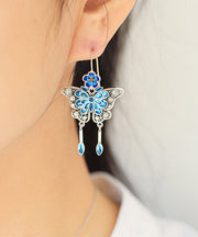 Unique Blue Sterling Silver Inlaid Enamel Butterfly Drop Earrings