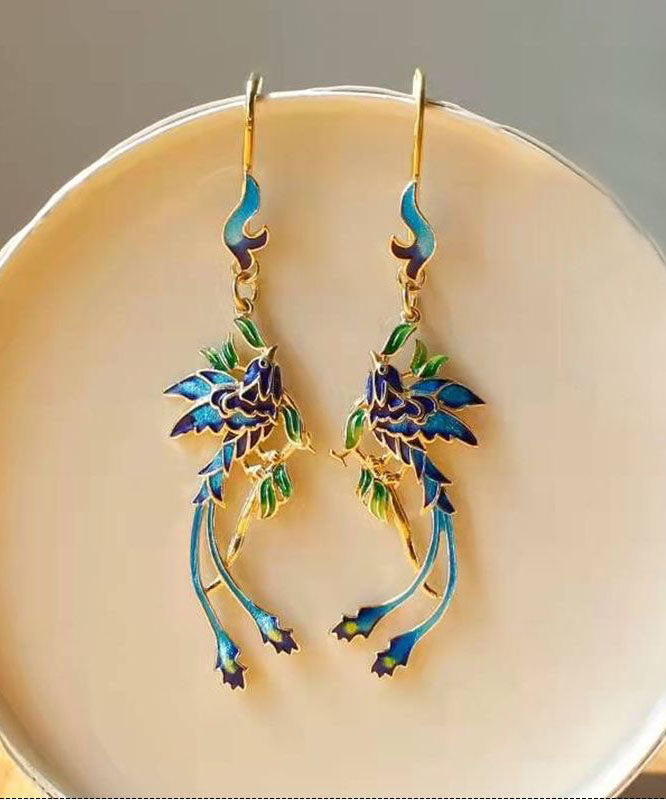 Unique Blue Sterling Silver Overgild Cloisonne Drop Earrings