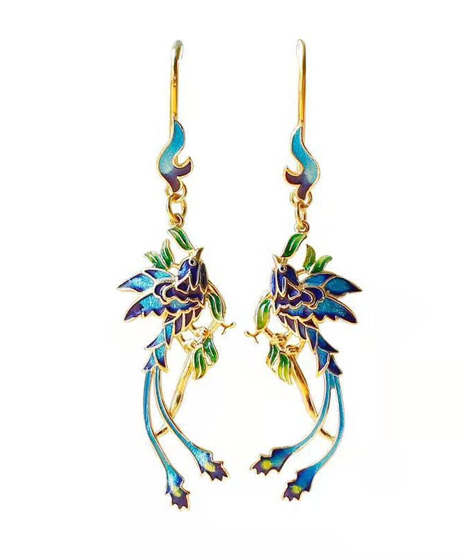 Unique Blue Sterling Silver Overgild Cloisonne Drop Earrings