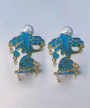 Unique Blue Sterling Silver Overgild Enamel Pearl Tassel Hoop Earrings