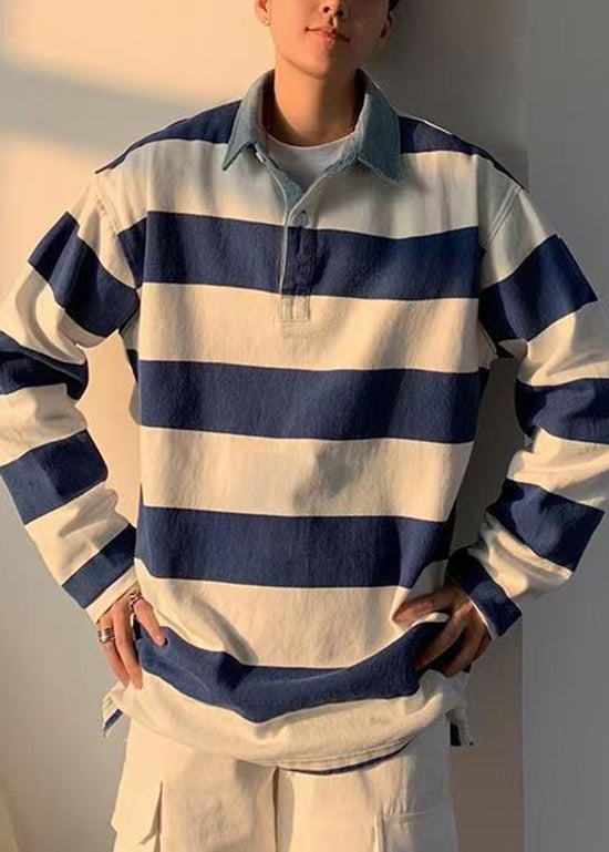 Unique Blue Striped Cotton Mens Polo Shirt Designer Spring