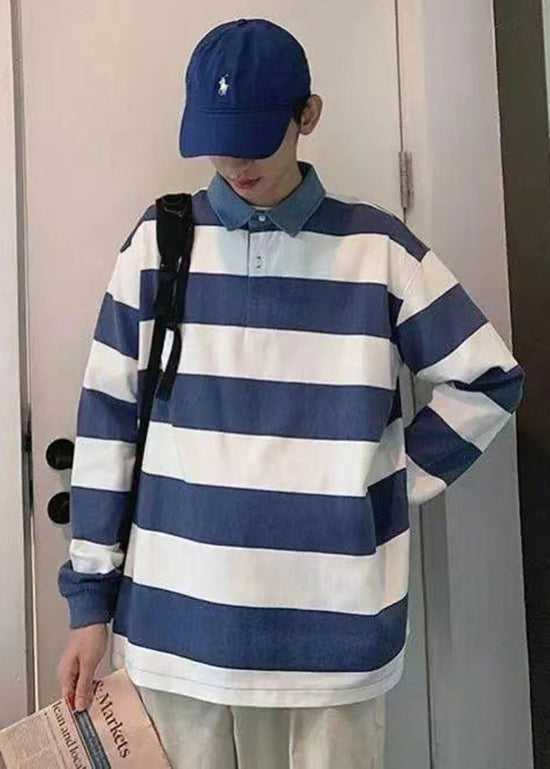 Unique Blue Striped Cotton Mens Polo Shirt Designer Fall