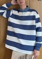 Unique Blue Striped Cotton Mens Polo Shirt Designer Spring