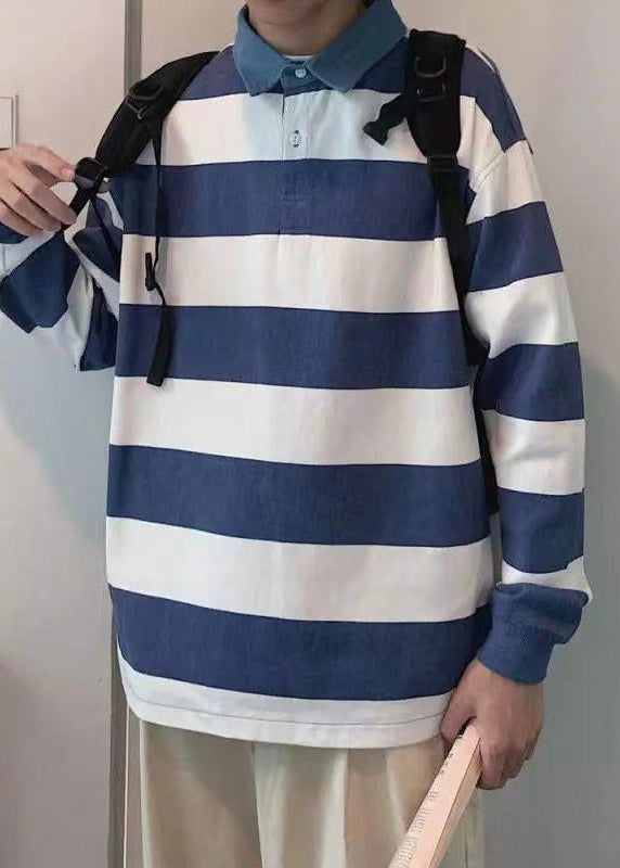 Unique Blue Striped Cotton Mens Polo Shirt Designer Spring