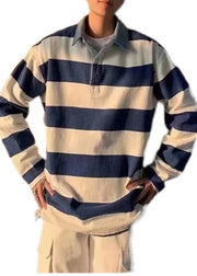 Unique Blue Striped Cotton Mens Polo Shirt Designer Fall