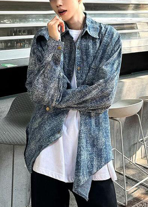 Unique Blue Tie Dye Button Denim Men Shirt Spring