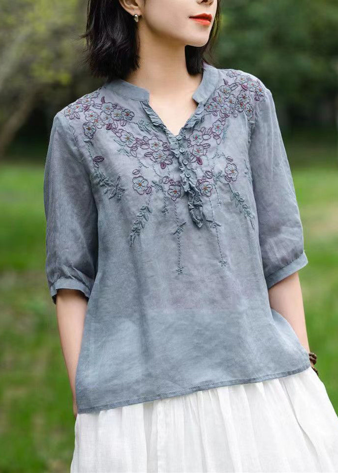 Unique Gray texture V Neck Embroidered  Linen T Shirts Half Sleeve