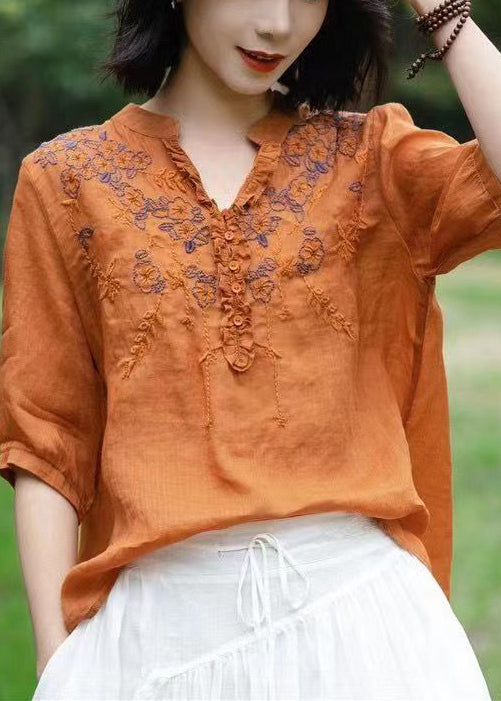 Unique Brown floral V Neck Embroidered  Linen T Shirts Half Sleeve
