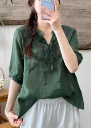 Unique Green Cashew V Neck Embroidered  Linen T Shirts Half Sleeve