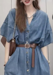 Unique Blue V Neck Patchwork Sashes Button Denim Long Dress Short Sleeve