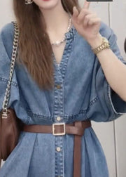 Unique Blue V Neck Patchwork Sashes Button Denim Long Dress Short Sleeve