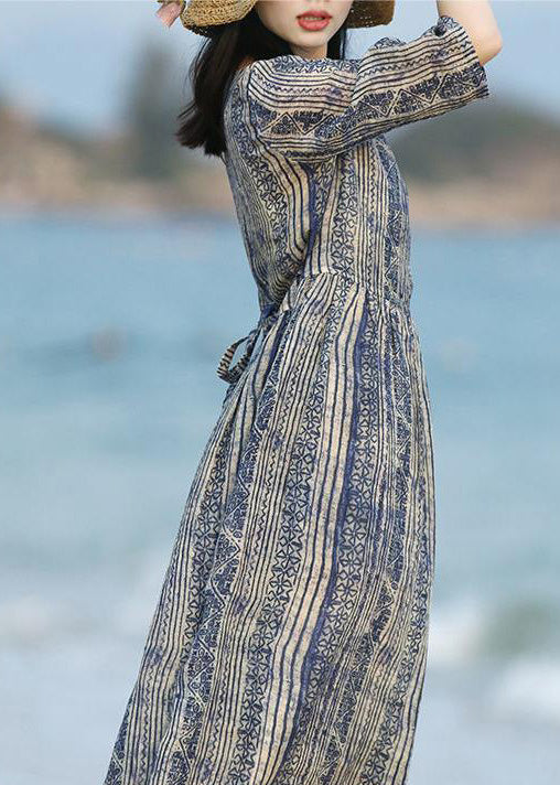 Unique Blue V Neck Print Pockets Cotton Long Dresses Summer