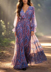 Unique Blue V Neck Print Tunic Chiffon Maxi Dress Spring